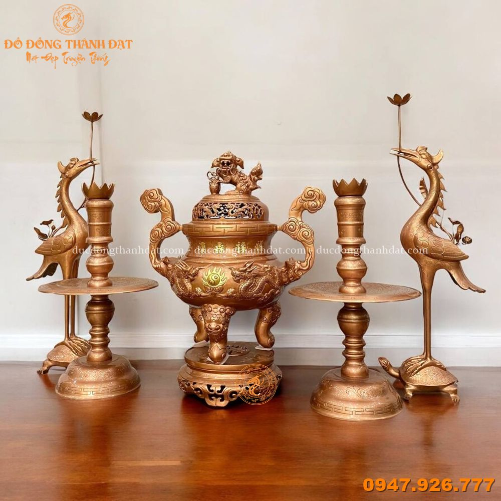 Bộ đỉnh đồng đỏ ngũ sự chạm rồng 60cm (2)