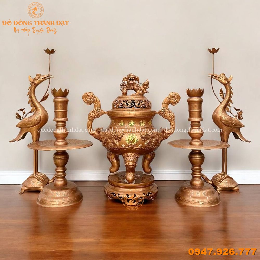Bộ đỉnh đồng đỏ ngũ sự chạm rồng 60cm (4)