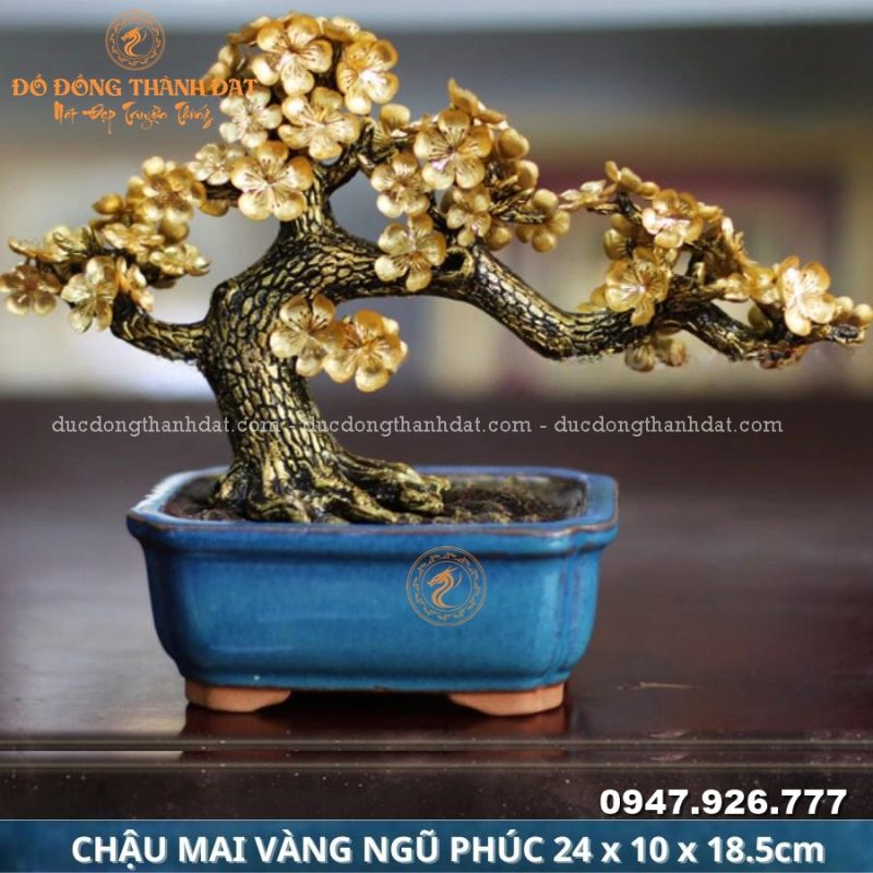 Chậu mai ngũ phúc dát vàng 24k