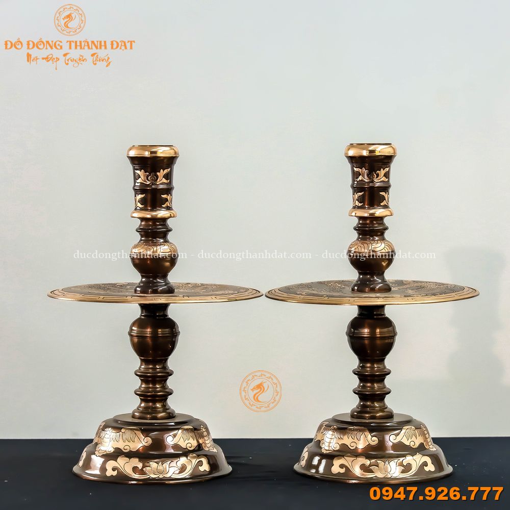 Chân nến đồng đỏ cạo màu cao 42cm