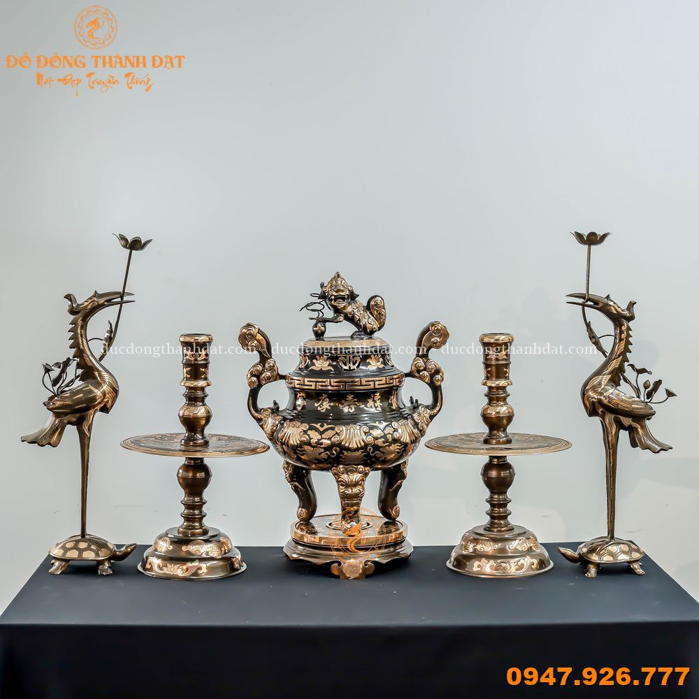 Bộ Đỉnh Đồng Đỏ Cạo Màu Chạm Sòi Cao 60cm