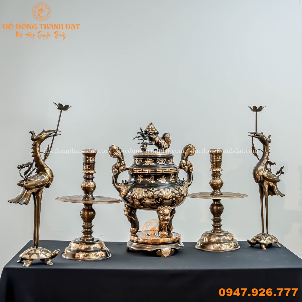 Bộ ngũ sự đồng đỏ chạm sòi cao 60cm 