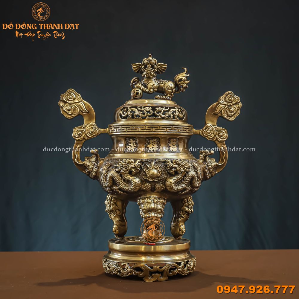 Đỉnh đồng hun giả cổ cao 40cm chạm rồng