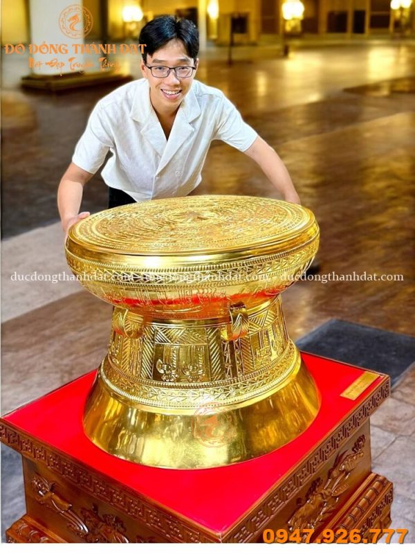 Quả trống đồng dát vàng 9999 đường kính 60cm cao cấp - tinh hoa đúc đồng