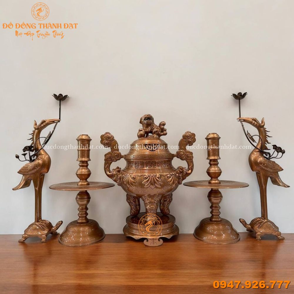 Bộ Đỉnh Đồng Đỏ Ngũ Sự Cao 60cm Chạm Sòi Cao Cấp