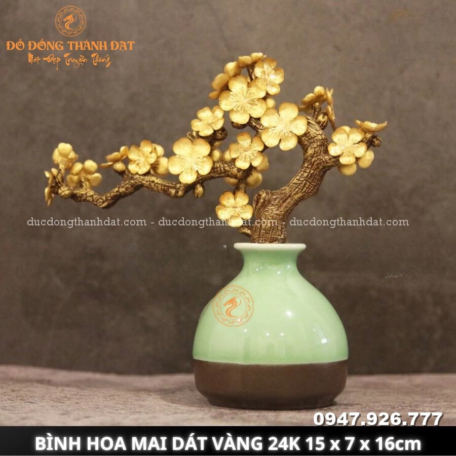 Bình hoa mai dát vàng 24k Kt:15x7x16cm