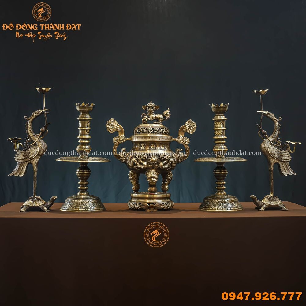 Bộ Ngũ Sự Đồng Hun Giả Cổ Chạm Rồng Cao 40cm