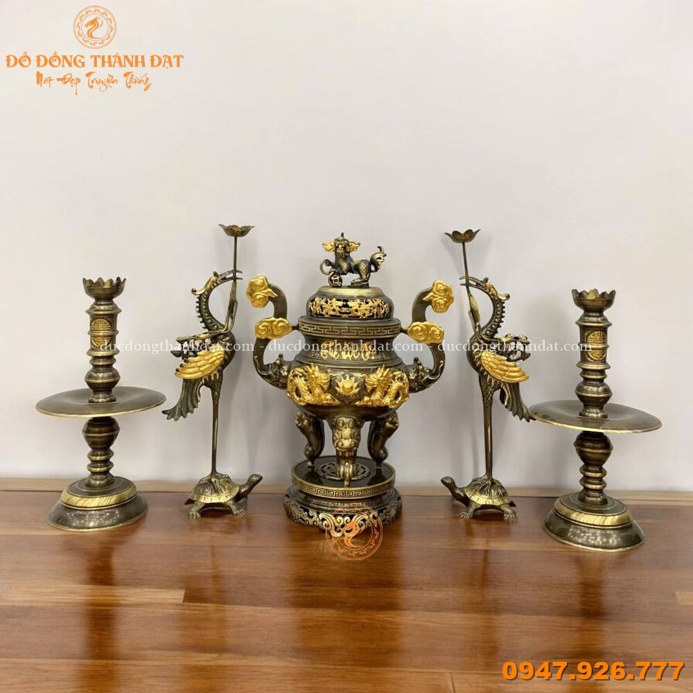 Bộ Ngũ Sự Đồng Vàng Dát Điểm Vàng Cao 60cm
