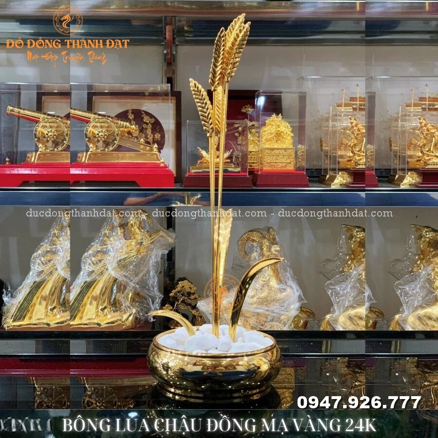 Bông lúa mạch chậu đồng dát vàng 9999
