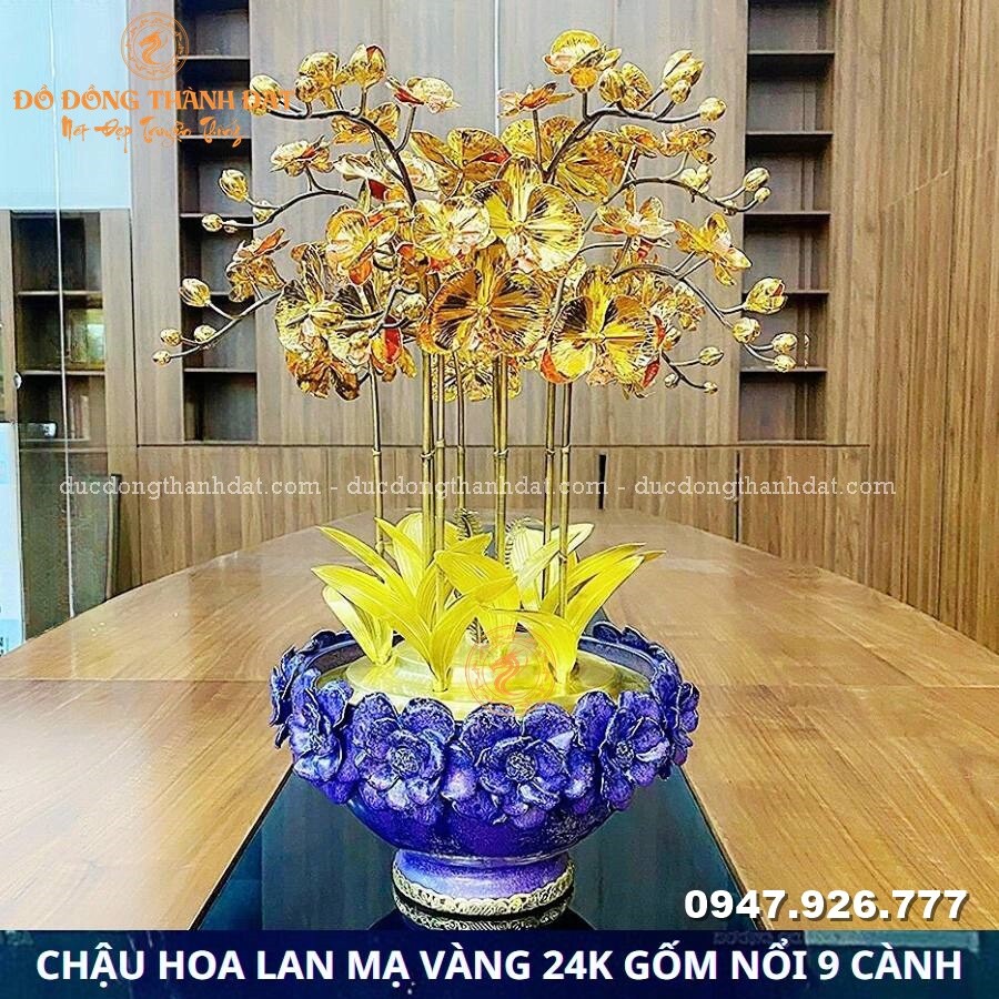 Chậu Lan Hồ Điệp Mạ Vàng 24k 9 Cành Gốm Nổi
