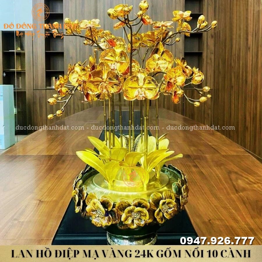 Chậu lan hồ điệp mạ vàng 24k 10 cành gốm nổi