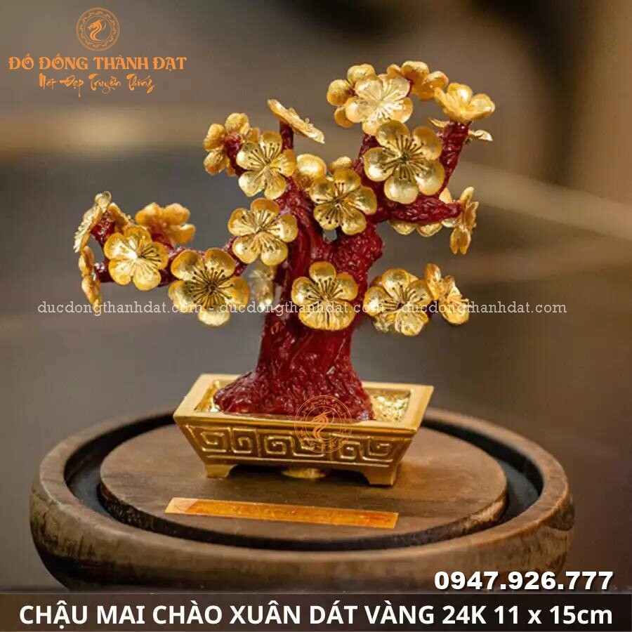 Chậu mai chào xuân dát vàng 9999 Kt: 11x15cm