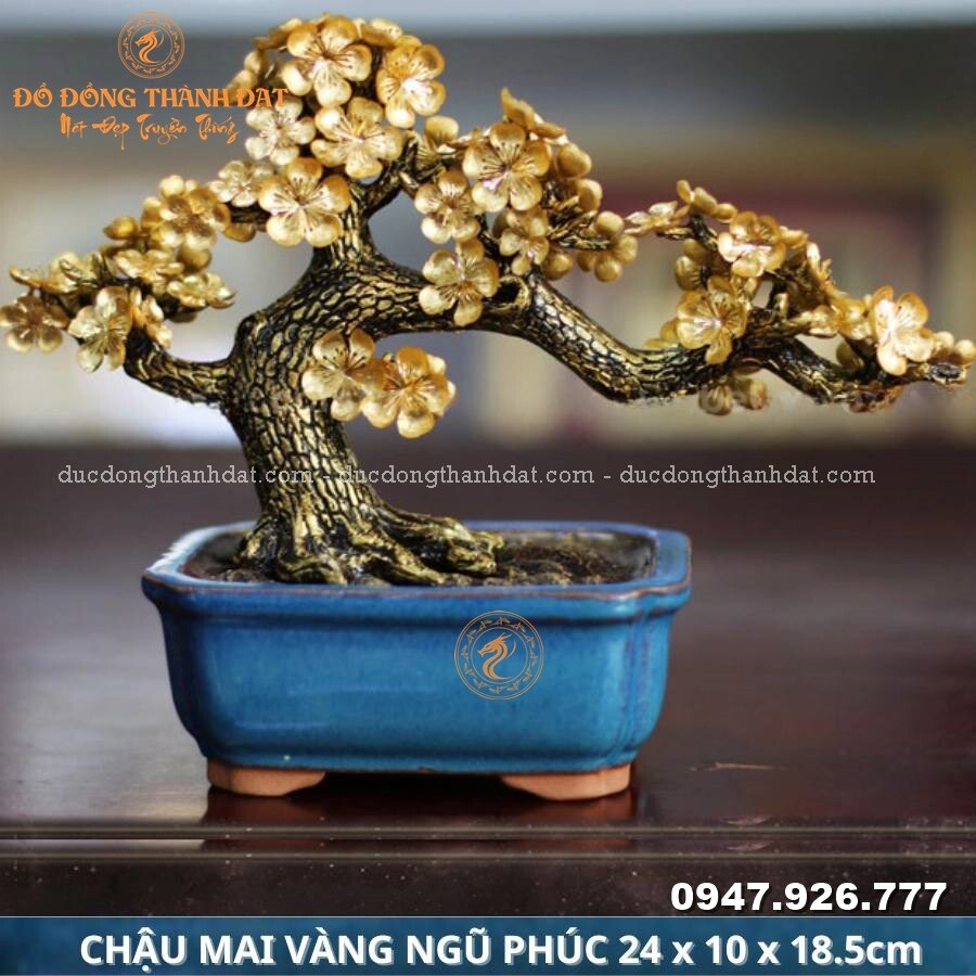 Chậu mai ngũ phúc dát vàng 9999 Kt: