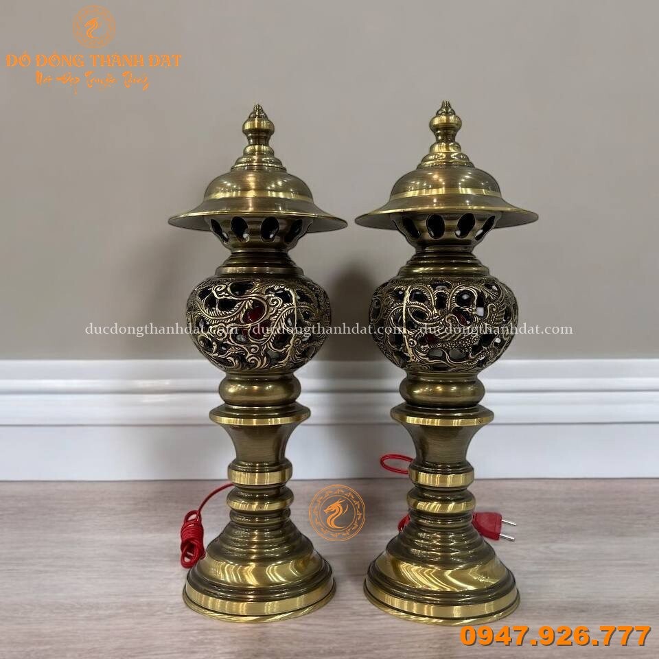 Đèn Thờ Đồng Vàng Giả Cổ Rồng Phượng