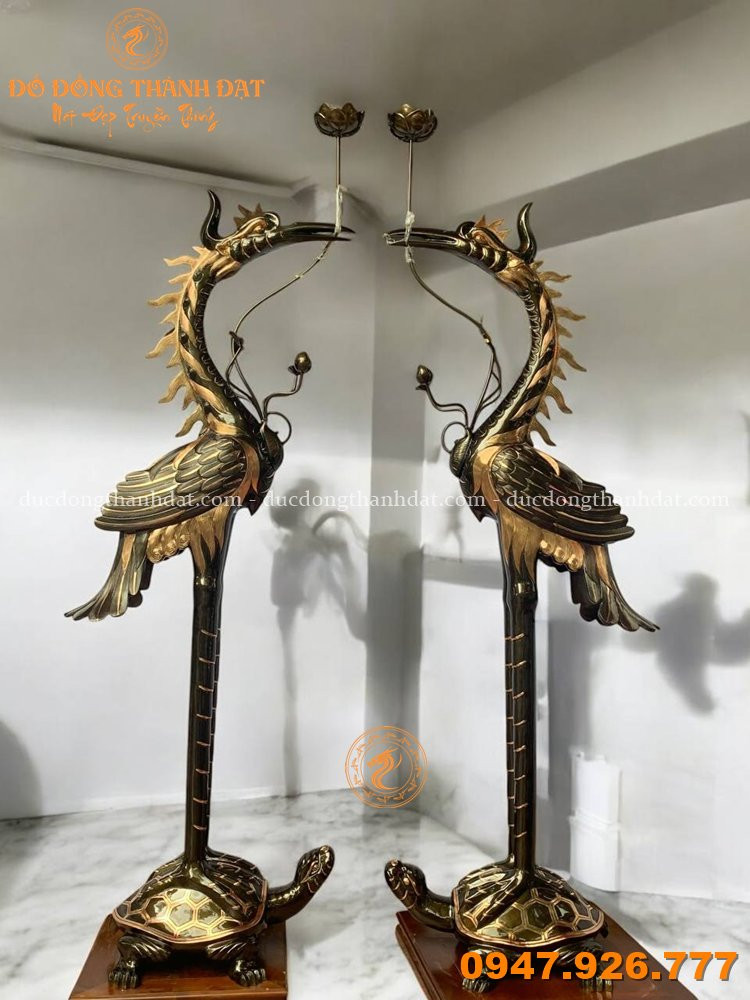 Đôi Hạc Thờ Ngậm Sen Đồng Đỏ Cạo Màu Cao 2m2