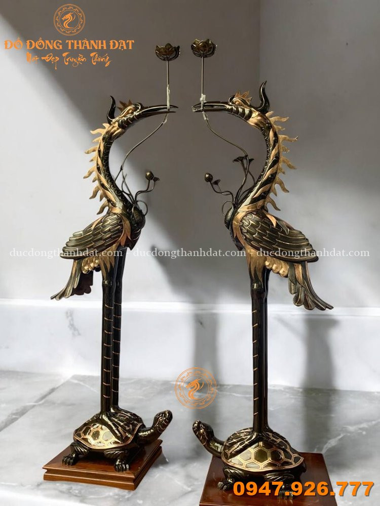 Đôi Hạc Thờ Ngậm Sen đồng đỏ Cạo Màu Cao 2m2 (2)