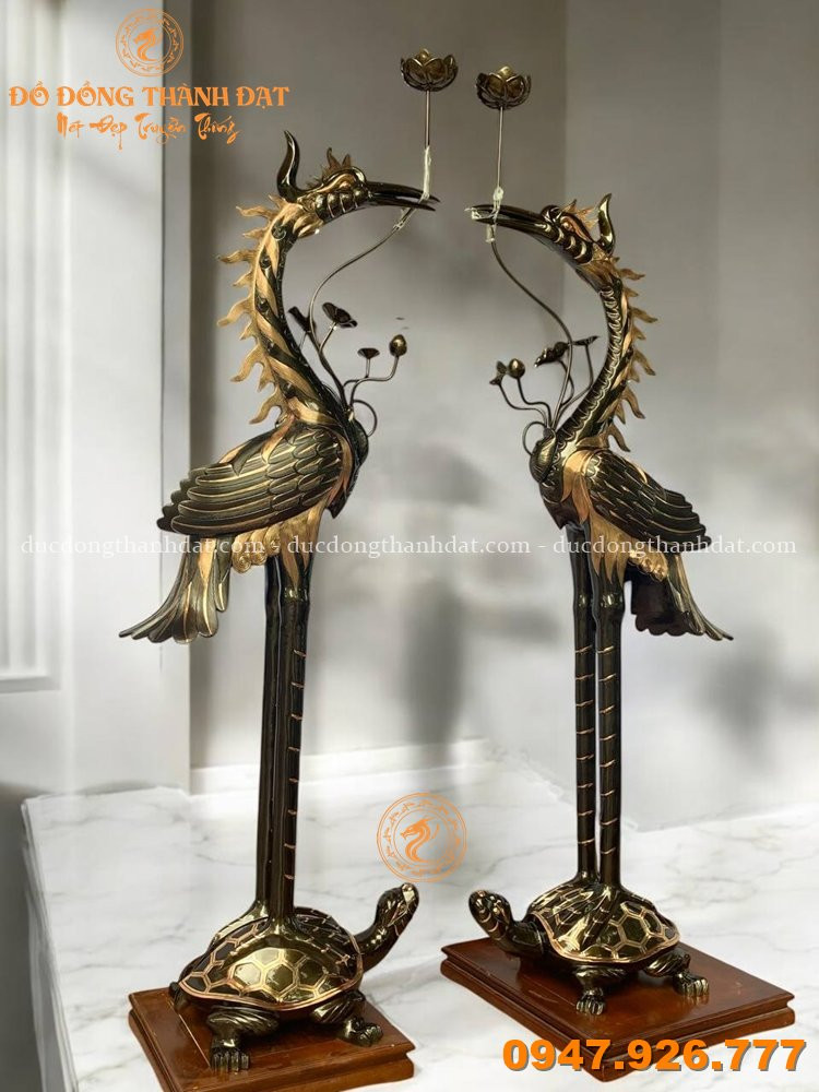 Đôi Hạc Thờ Ngậm Sen Đồng Đỏ Cạo Màu Cao 2m2