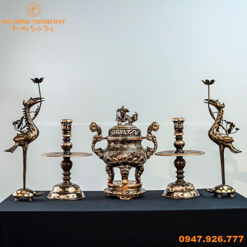 Bộ Ngũ Sự Đồng Đỏ Cạo Màu Cao 60cm Chạm Rồng