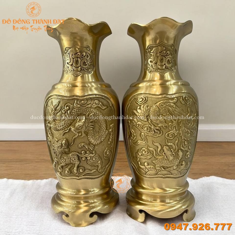 Lọ hoa rồng phượng đồng vàng mộc cao 40