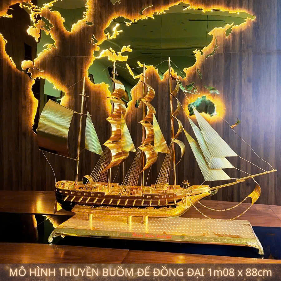 Mô Hình Thuyền Buồm Mạ Vàng 24k Đế Đồng KT: 108x88cm