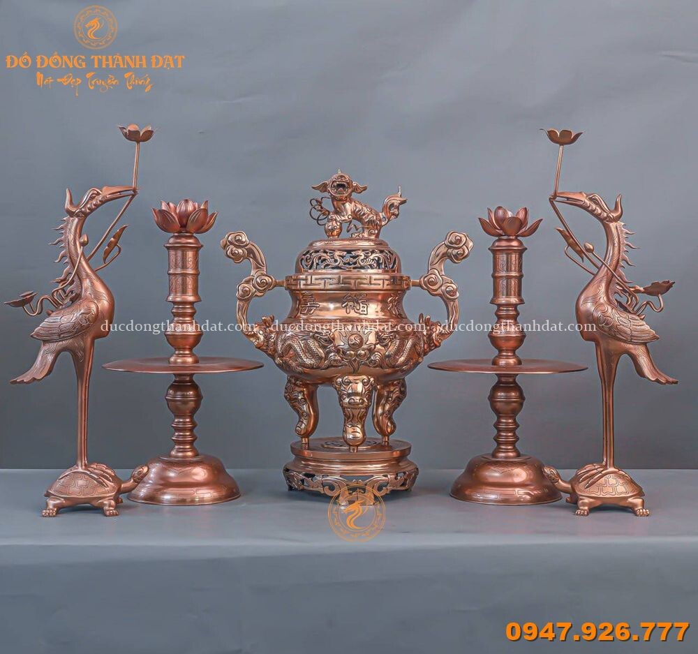 Bộ Ngũ Sự Đồng Đỏ Mộc Rồng Cao 60cm