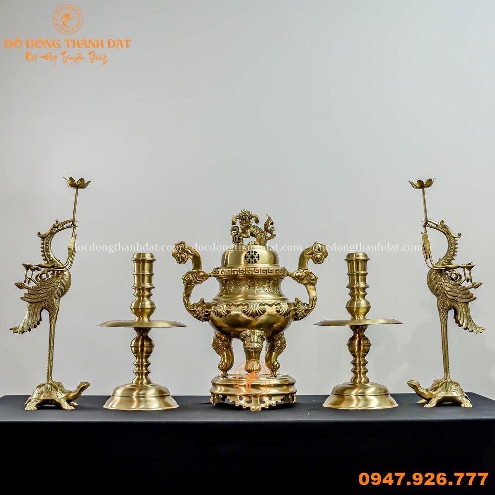 Bộ Ngũ Sự Đồng Vàng Mộc Hoa Sòi Cao 60