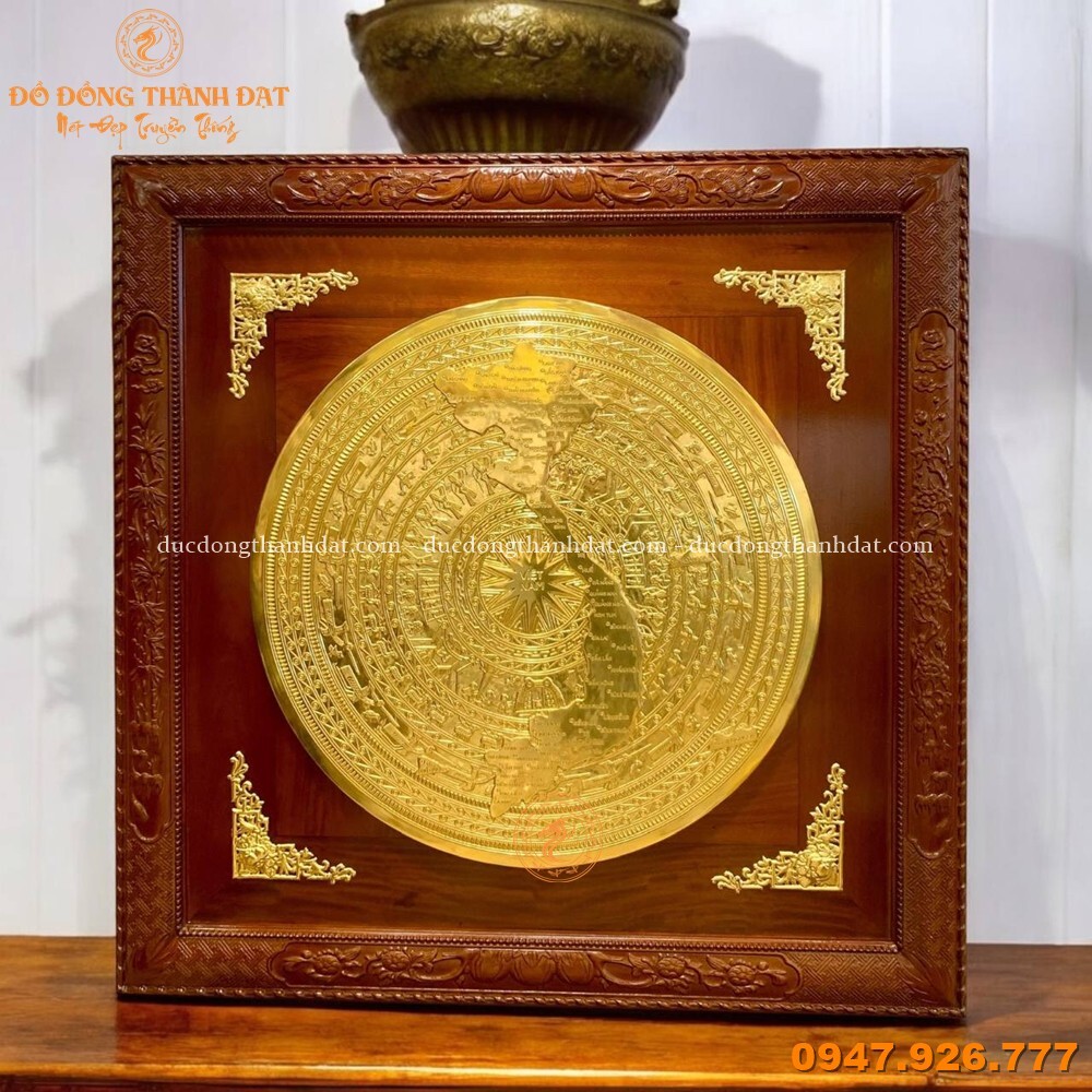 Tranh Trống Đồng Dát Vàng 9999 Có Bản Đồ Khung Gỗ Gụ 1m33