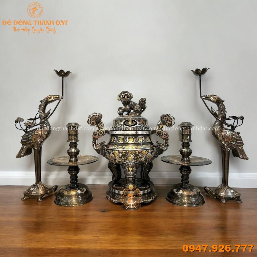 Bộ Ngũ Sự Đỉnh Đồng Khảm Ngũ Sắc 40cm