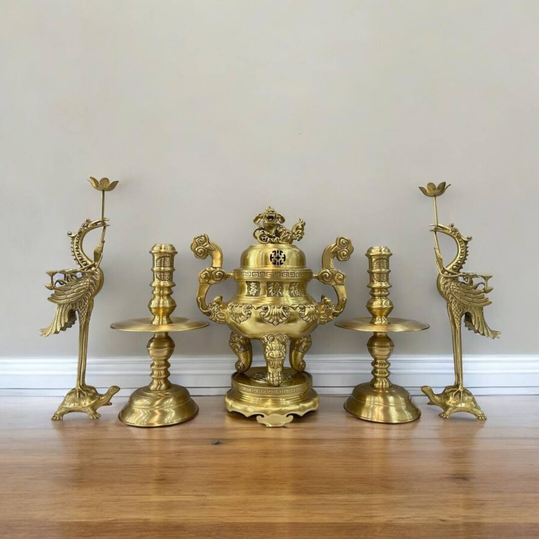 Bộ Ngũ Sự Đồng Vàng Cao 45cm Chạm Sòi