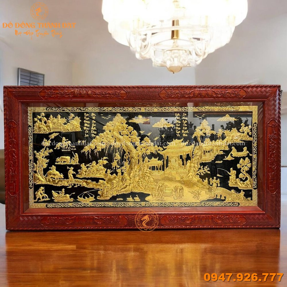 Tranh Đồng Quê Dát Vàng 9999 Khung Gỗ Hương