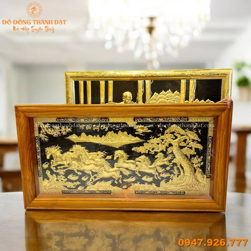 Tranh Mã Đáo Thành Công Dát Vàng 9999 Khung Gỗ Gõ Đỏ 1m7x90