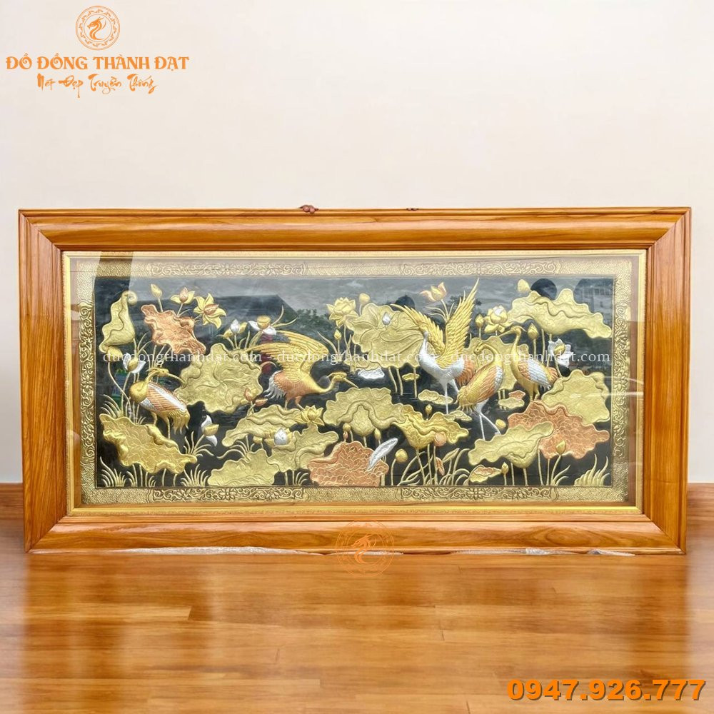 Tranh Sen Hạc 2m3 x 1m2 Khung Gỗ Gõ Đỏ