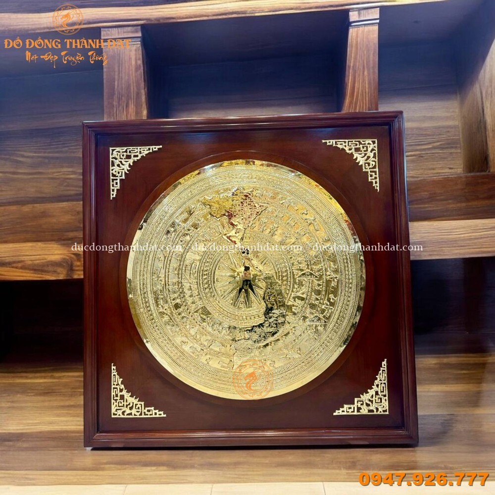 Tranh Trống Đồng Có Bản Đồ Mạ Vàng 80cm Khung Gỗ Gụ 1m10