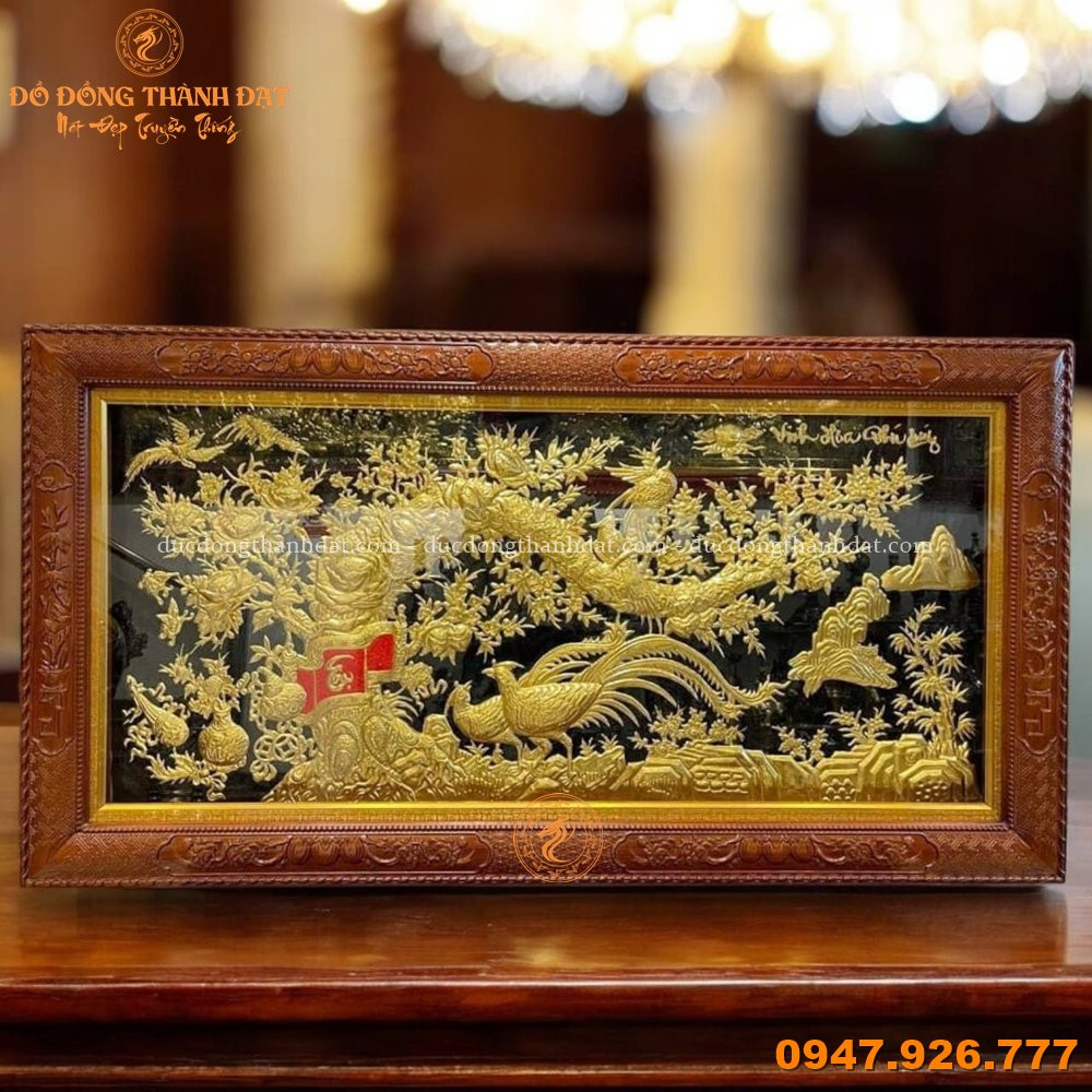 Tranh Vinh Hoa Phú Quý Dát Vàng 9999 2m3x1m2 Khung Gỗ Gụ
