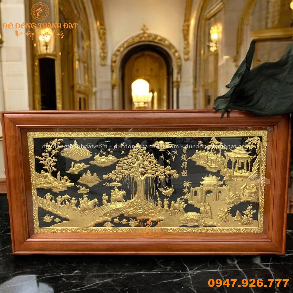 Tranh Vinh Quy Bái Tổ 2m3x1m2 Dát Vàng 9999 Khung Trơn Gỗ Gõ Đỏ