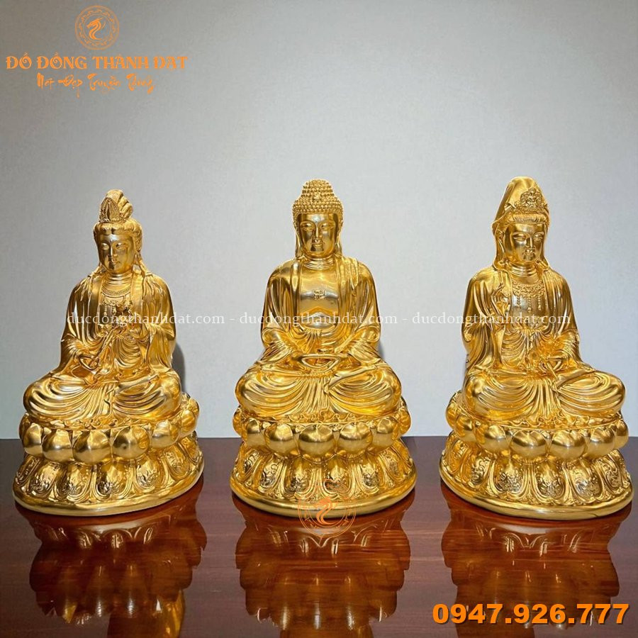 Tượng tam thánh phật dát vàng 9999 cao 48cm