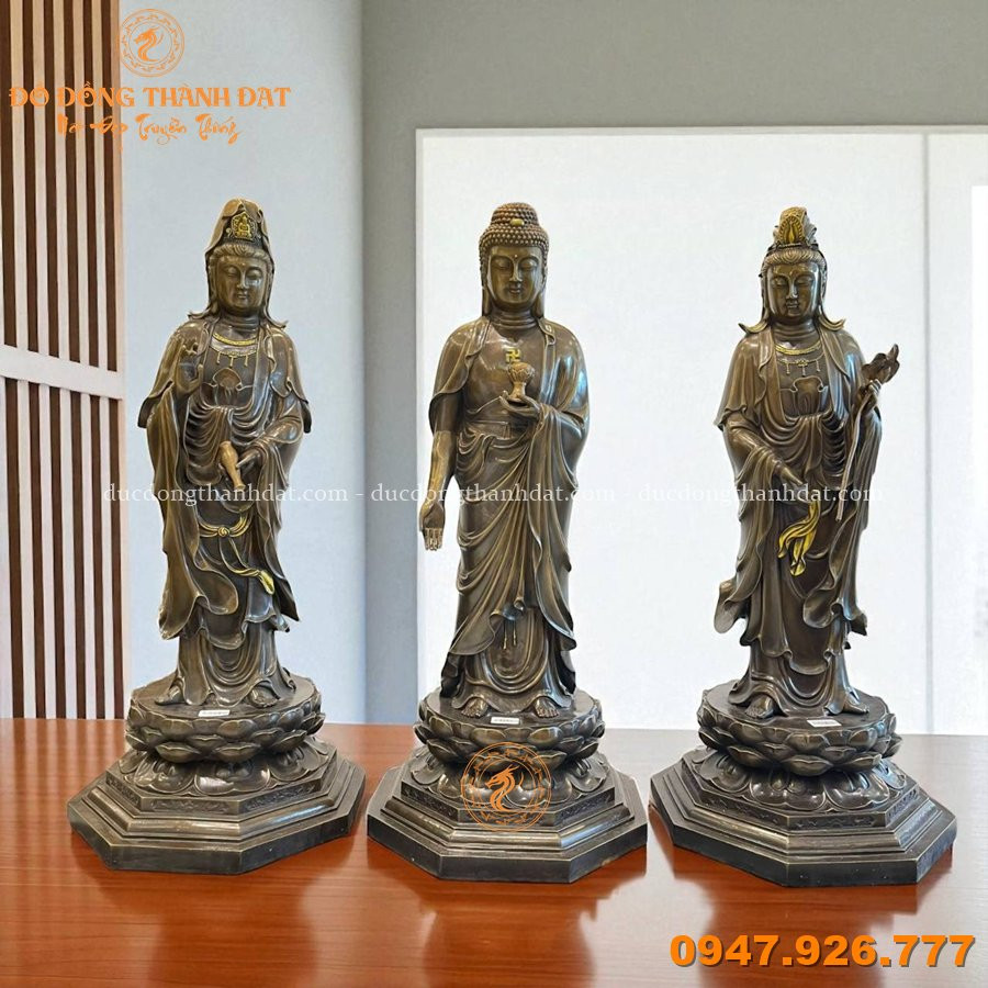 Tượng tam thánh phật đứng cao 81cm đồng hun