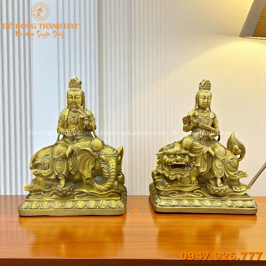 Tượng văn thù phổ hiền bồ tát cao 30cm đồng vàng