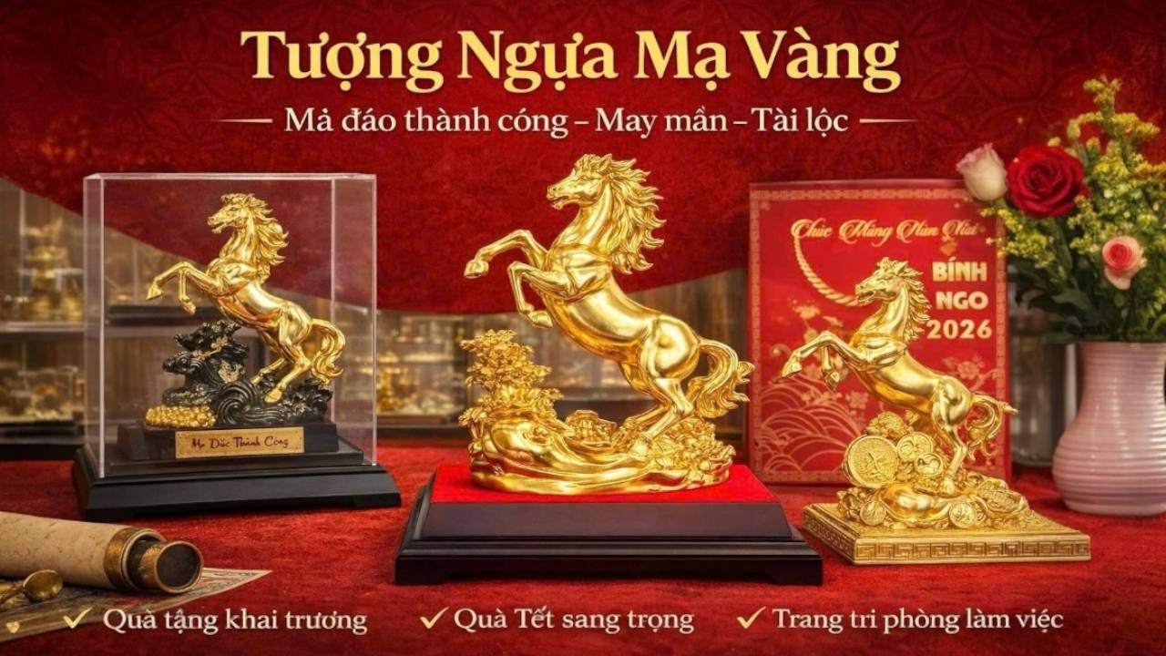 Những Mẫu Tượng Ngựa Mạ Vàng 24K Đẹp Nhất 2026 – Biểu Tượng Thành Công Và Tài Lộc 1 Baner Ngua Ma Vang