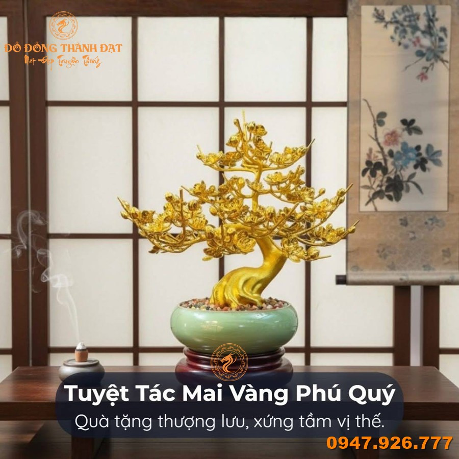 Tổng hợp các mẫu chậu mai mạ vàng 24K, dát vàng 9999 cao cấp đẹp nhất hiện nay 11 Qua Tang Tuyet Tac Mai Vang Phu Quy