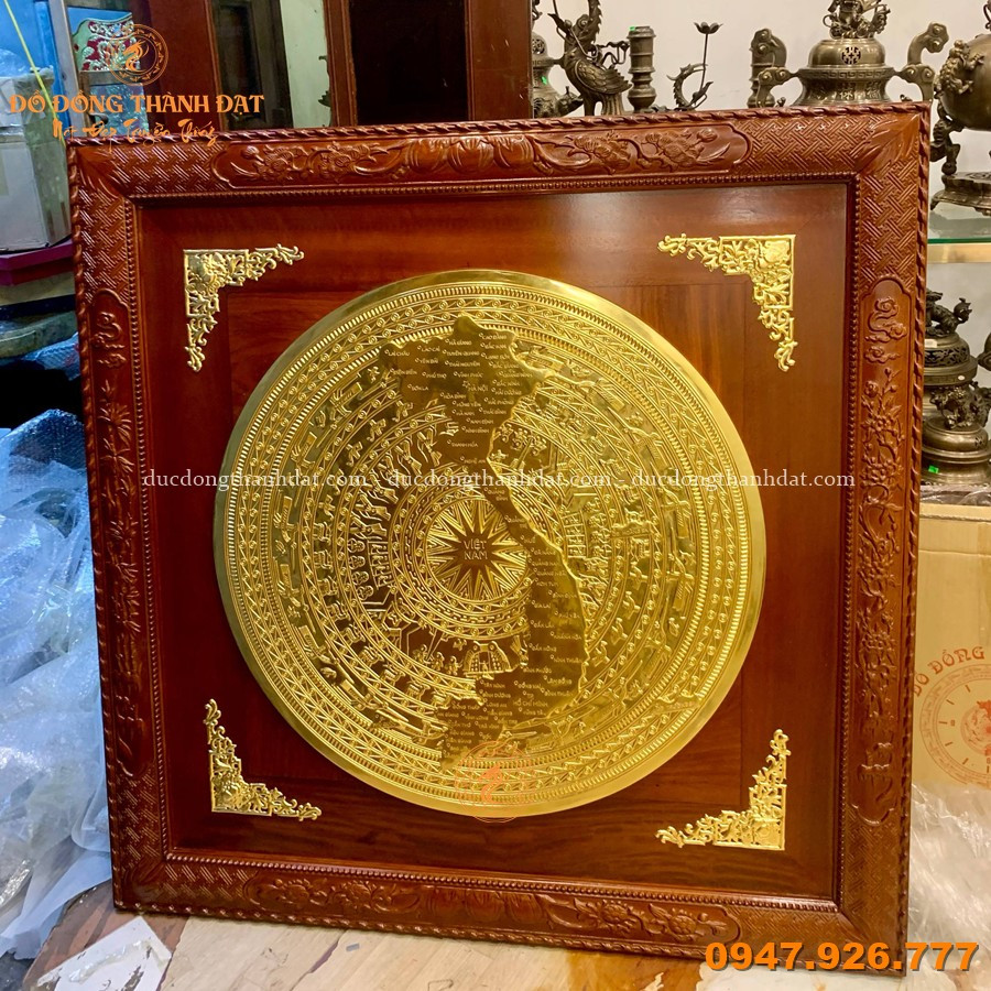 Tranh Trống Đồng Dát Vàng 24K 90cm Khung Gỗ Gụ 1m35 1 Tranh Trong Dong Dat Vang 24k 90cm Khung 1m35 (1)