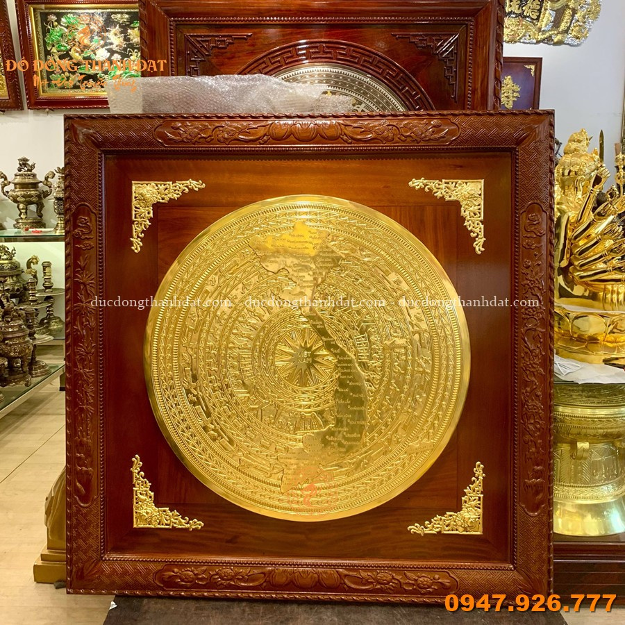 Tranh Trống Đồng Dát Vàng 24K 90cm Khung Gỗ Gụ 1m35 2 Tranh Trong Dong Dat Vang 24k 90cm Khung 1m35 (2)