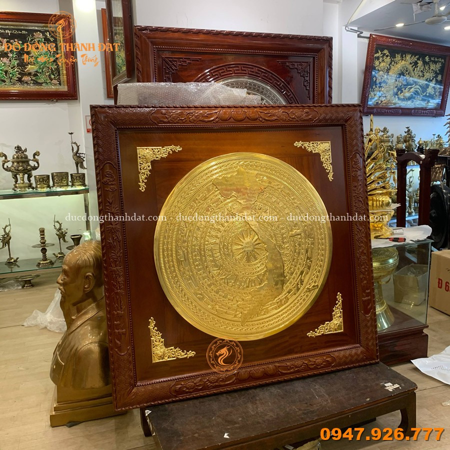 Tranh Trống Đồng Dát Vàng 24K 90cm Khung Gỗ Gụ 1m35 3 Tranh Trong Dong Dat Vang 24k 90cm Khung 1m35 (3)